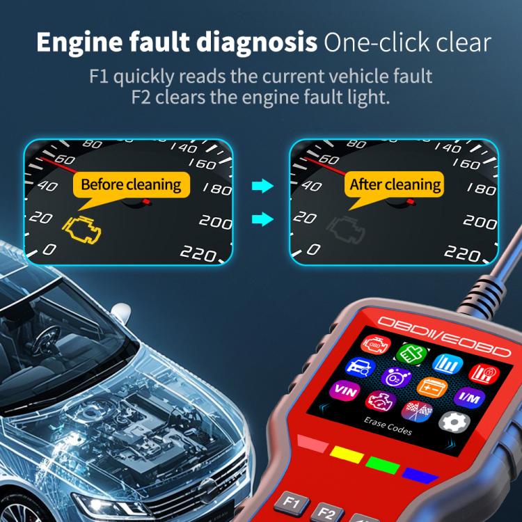 OBDII/EOBD diagnostic tool displaying engine fault codes with control buttons