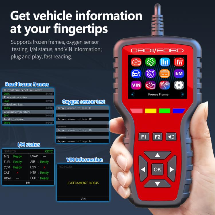 OBDII/EOBD diagnostic tool held in hand, showing VIN and freeze frame on LCD