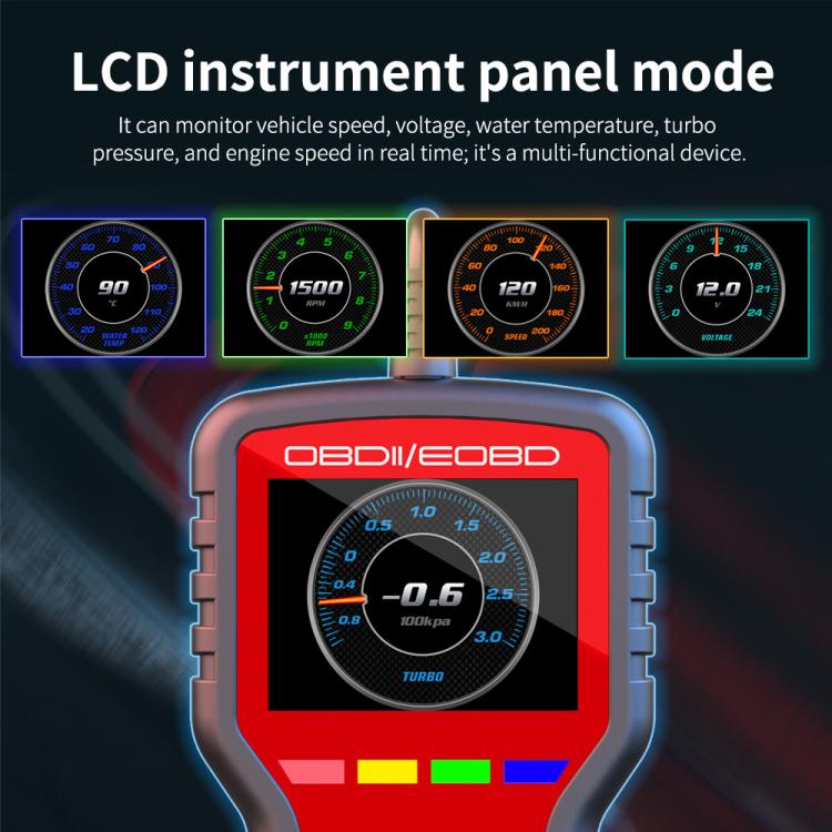 OBDII/EOBD diagnostic tool LCD panel mode showing gauge-style readings