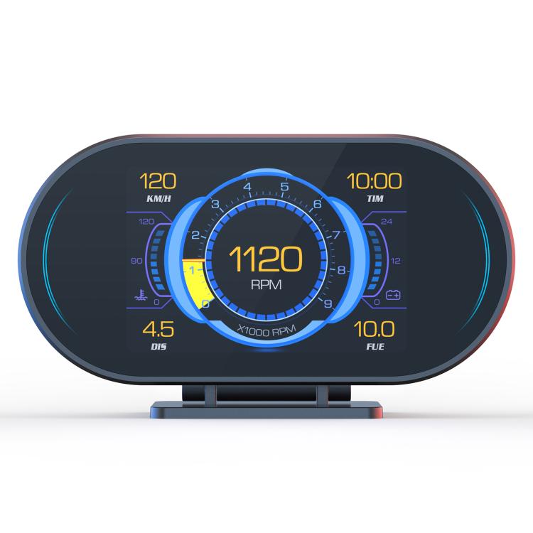 Dashboard speedometer gauge with blue backlit ring and central 1120 RPM screen