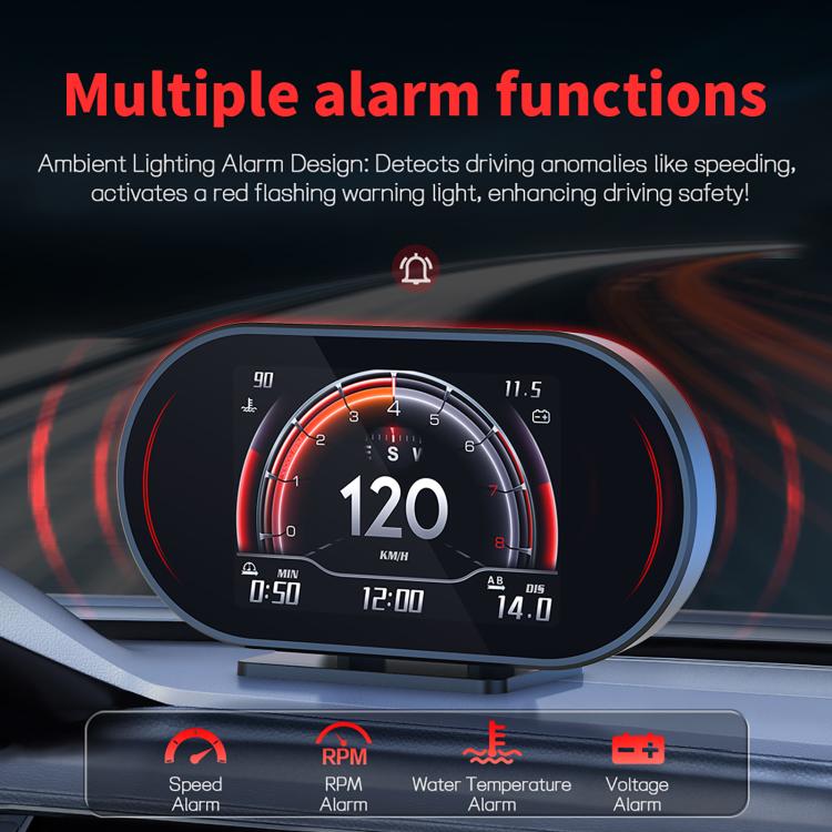 Car gauge with alarm indicators and large 120 km/h speed dial