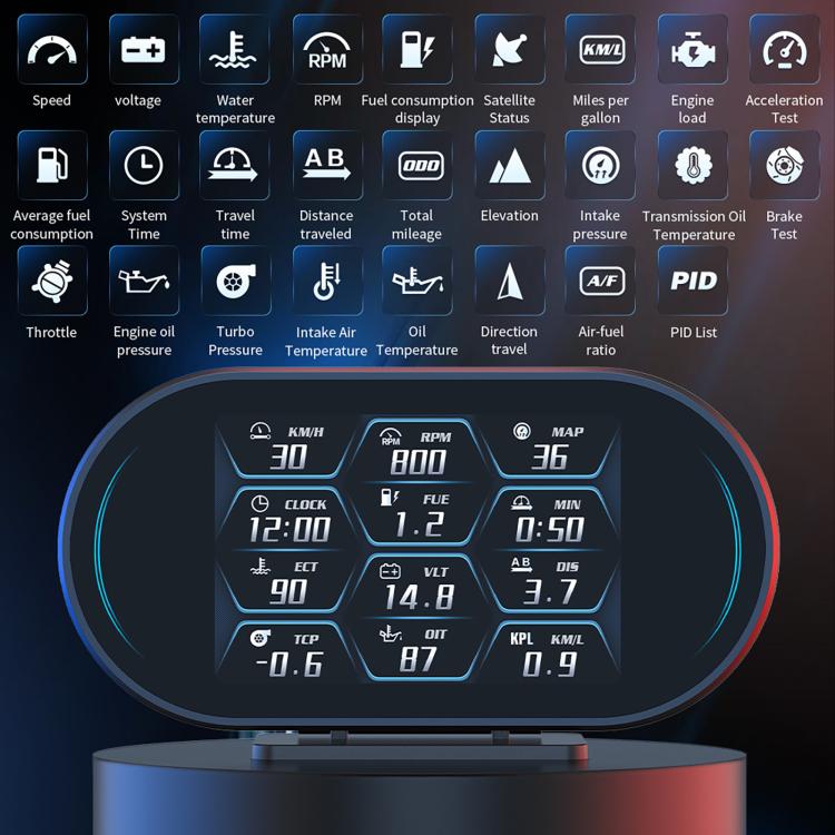 OBD speedometer display with multiple metric icons and circular gauge layout