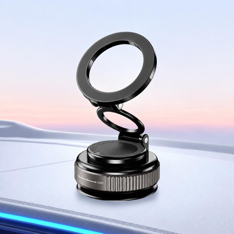 Black 360° rotating, foldable car phone holder with suction base and ring arm