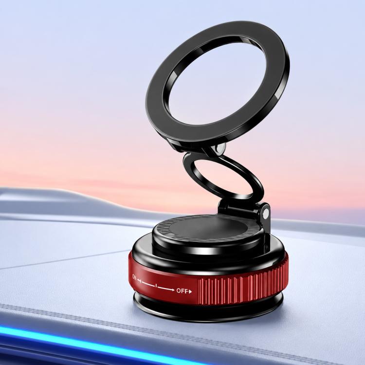 Black and red rotating foldable car phone holder with suction base and ring arm