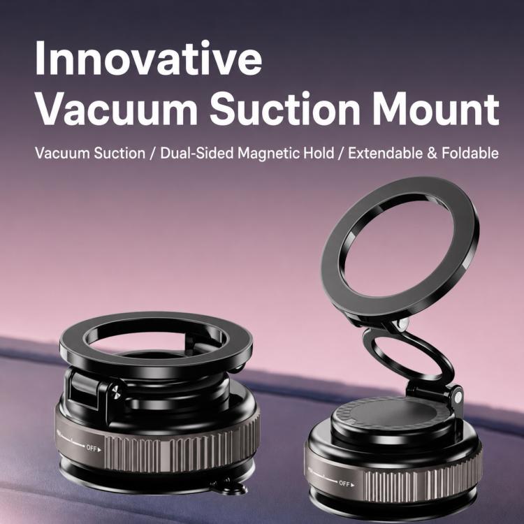 Black foldable car phone holder with suction mount and circular rotating ring arm