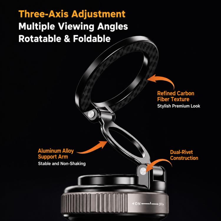 Black foldable car phone holder with ring arm and adjustable support arm