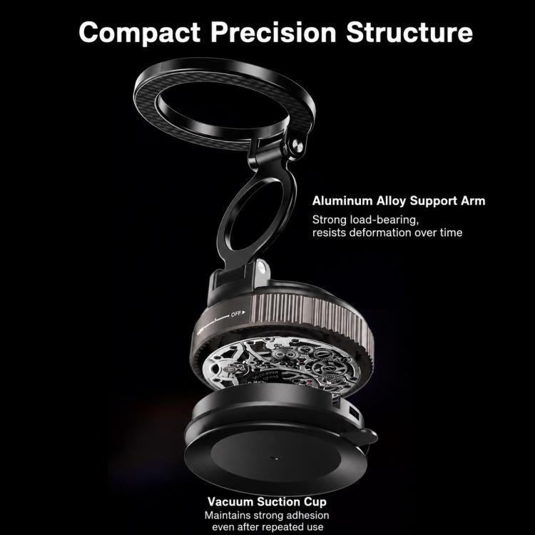Compact black car phone holder with suction cup and foldable ring arm