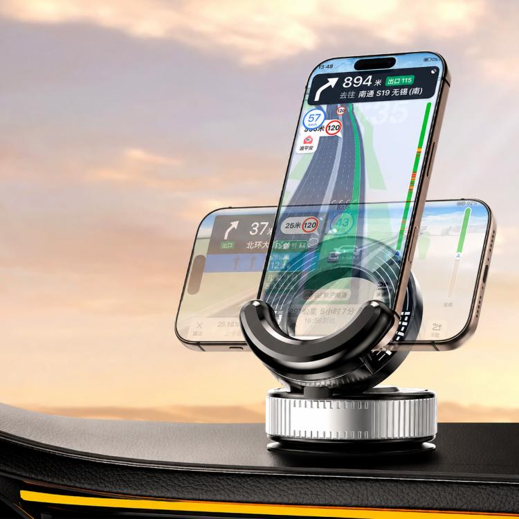 Black vacuum suction cup phone car mount with adjustable holder and charging base