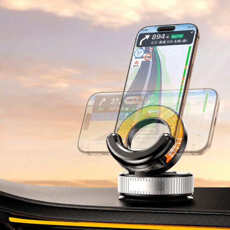 Black vacuum suction cup phone car mount with orange accent ring and holder