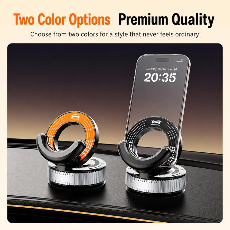 Black suction phone mount with orange accent ring and silver ridged base