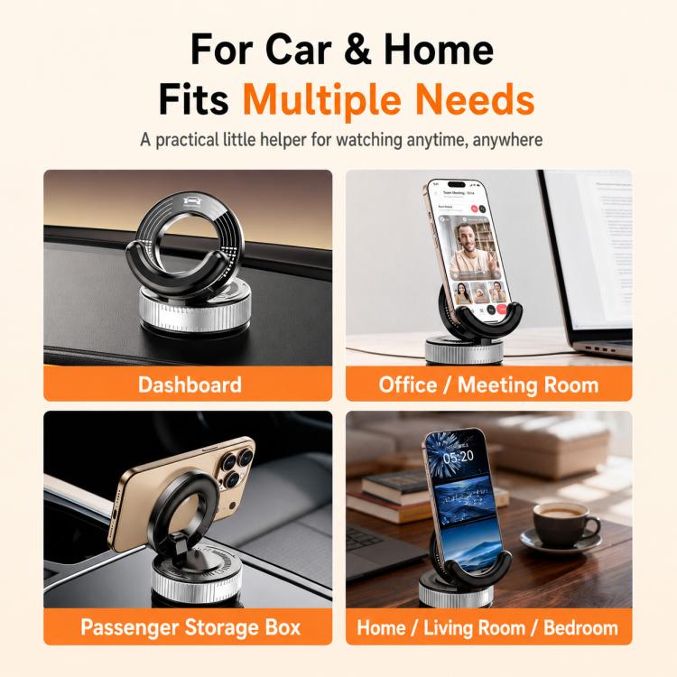 Black suction phone mount for dashboard with circular clamp and silver base