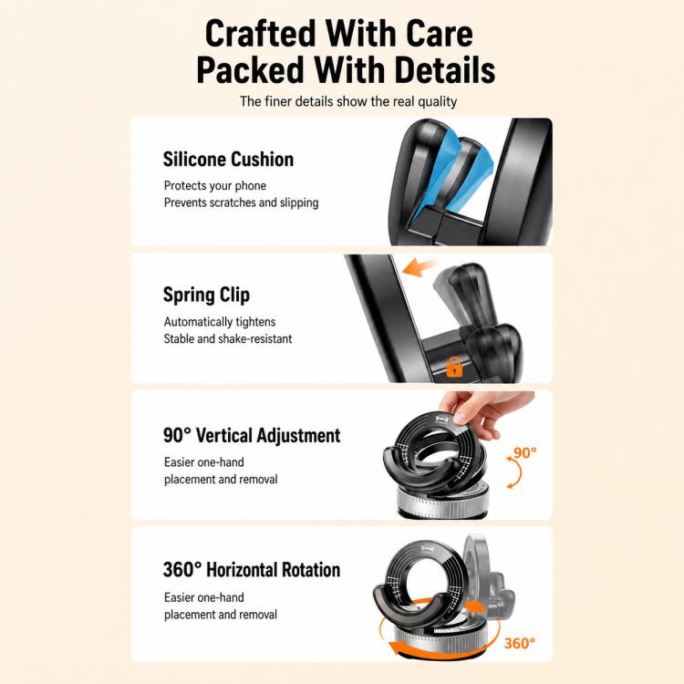 Black suction phone mount with silicone cushion, spring clip, and 360° rotation