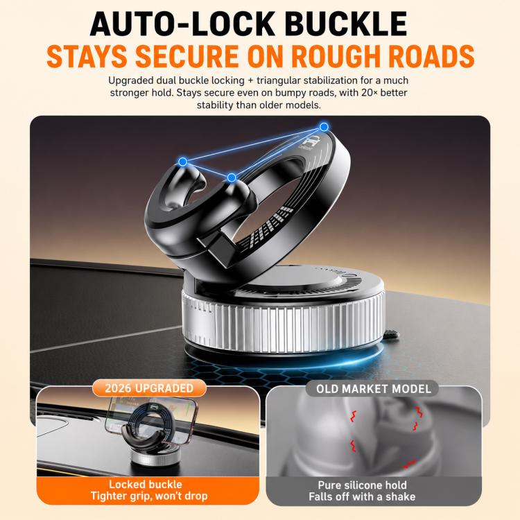 Black vacuum suction cup phone car mount with dual-lock buckle and metal base