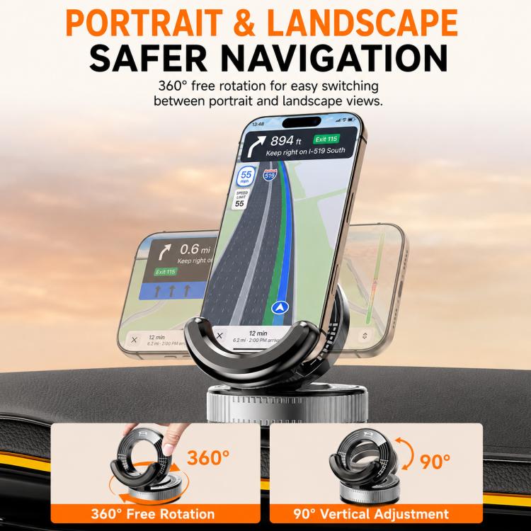 Black vacuum suction cup phone car mount with 360 rotation for portrait and landscape