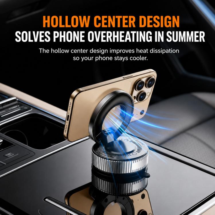 Black vacuum suction cup phone car mount with hollow center cooling design