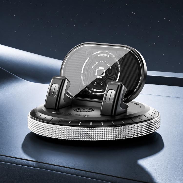 Black car phone mount with rotating suction base and side clamp arms