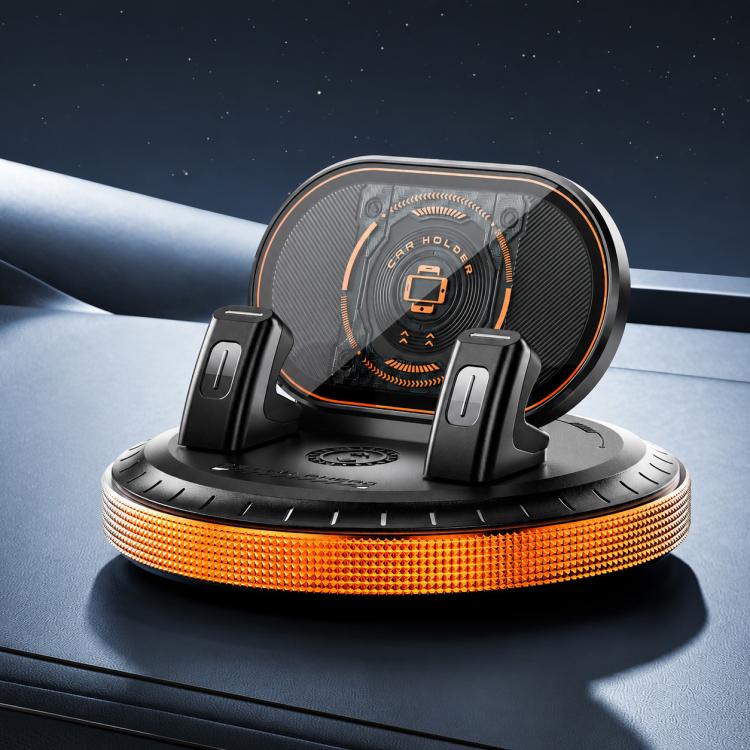Black-and-orange car phone mount with rotating vacuum base and glowing ring