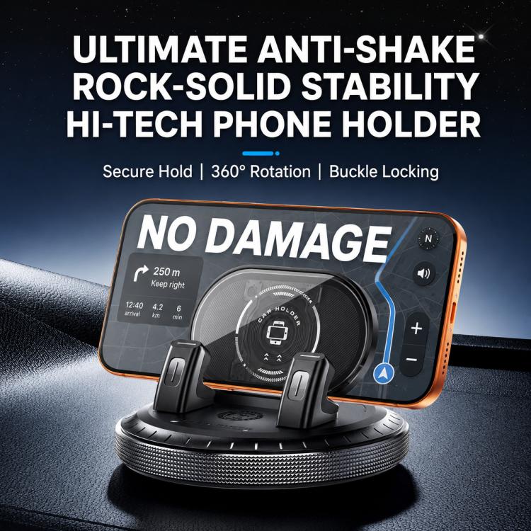 Car smartphone holder with rotating suction base and dual side grips, phone attached