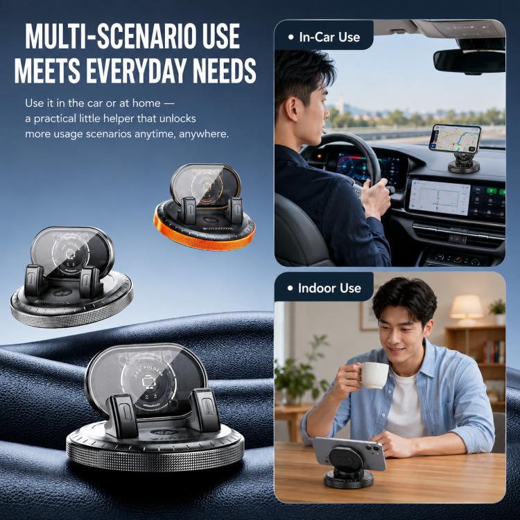 Car phone mount with vacuum suction base, rotating arms holding a smartphone
