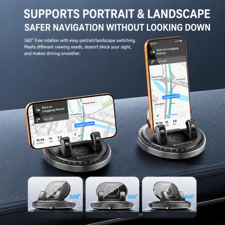 Two car phone mounts with rotating suction bases holding smartphones in different orientations