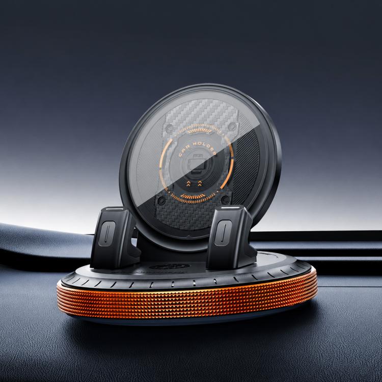 Black phone mount with rotating base and orange LED-style ring, dual side clamps
