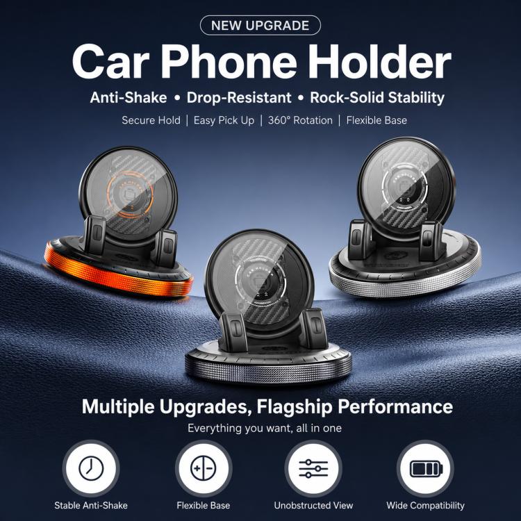 Car center console phone holder with rotating base and dual clamp arms