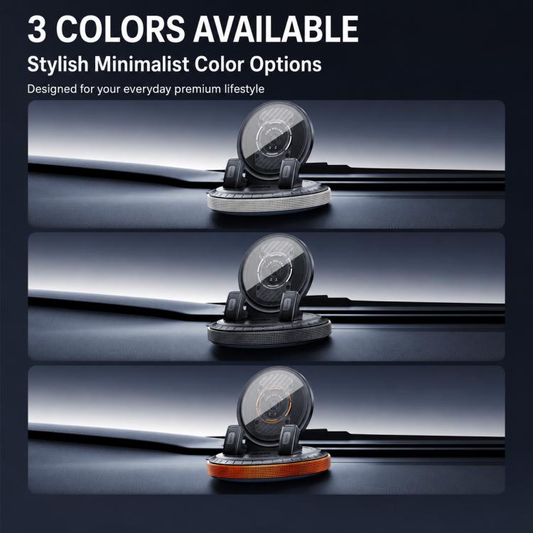 Self-adhesive rotating base car phone mount with circular base, three color options shown