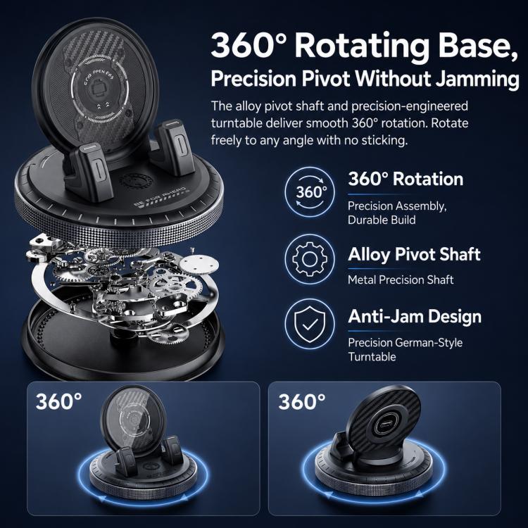 Black 360-degree rotating phone mount with pivot assembly and anti-jam design