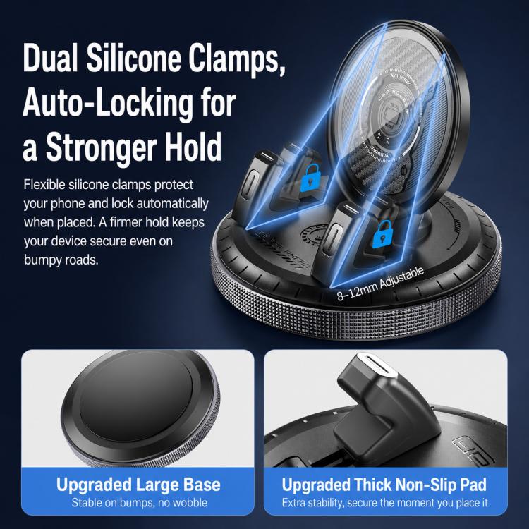 Black rotating phone mount with dual silicone clamps and thick non-slip base