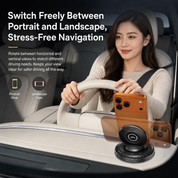 Black car phone holder on dashboard with rotating base and clamp arms