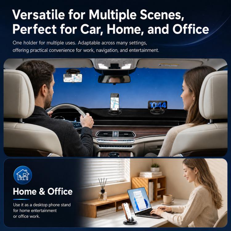 Black phone mount shown in car and home use with rotating base