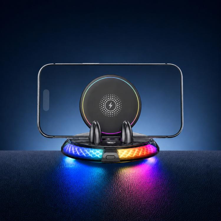 Black self-adhesive rotating base wireless charging phone holder with dual clips