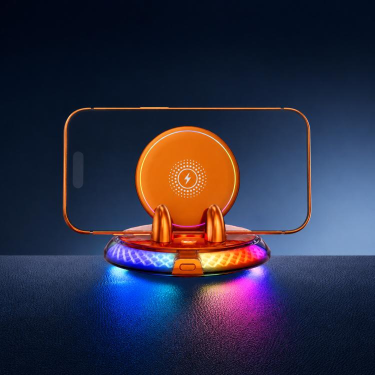 Orange self-adhesive rotating base wireless charging phone holder with dual clips