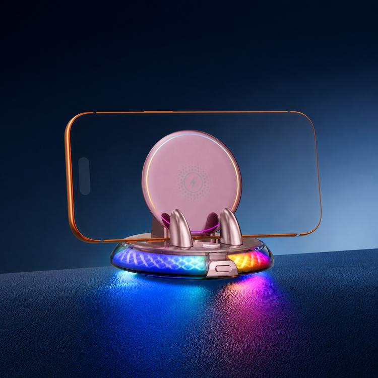 Pink self-adhesive rotating base wireless charging phone holder with dual clips