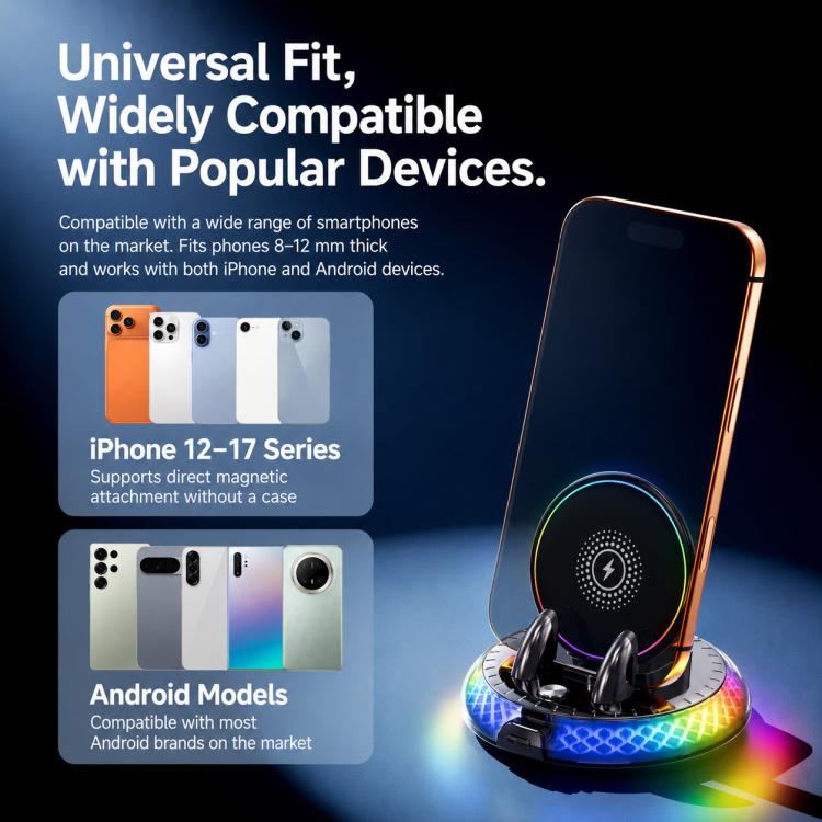 Rotating car wireless charging holder with phone cradle and rainbow RGB light ring