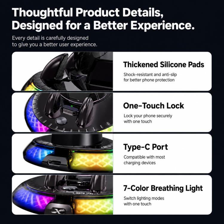 Car wireless charging holder details: silicone pads, one-touch lock, Type-C, 7-color light