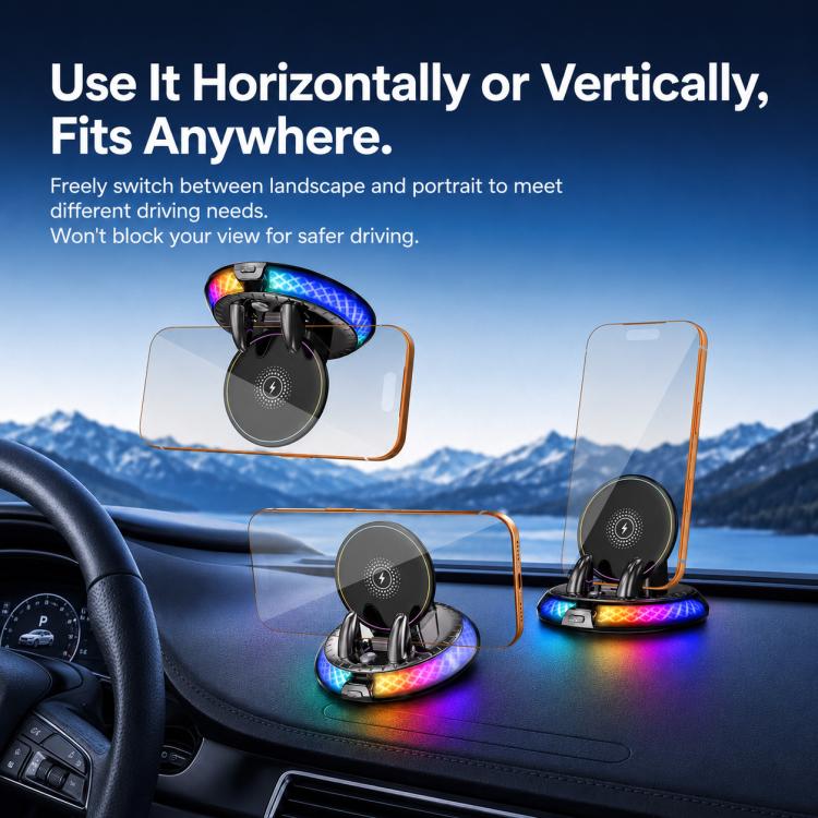 Wireless charging phone holder bases with rotating mounts for horizontal or vertical use