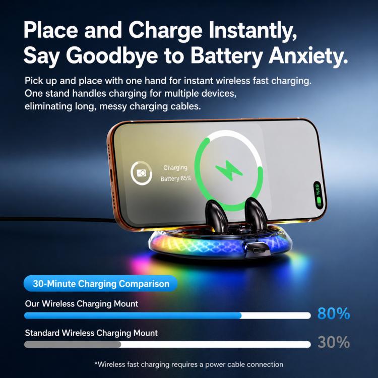 Orange self-adhesive rotating wireless charging phone holder with phone mounted