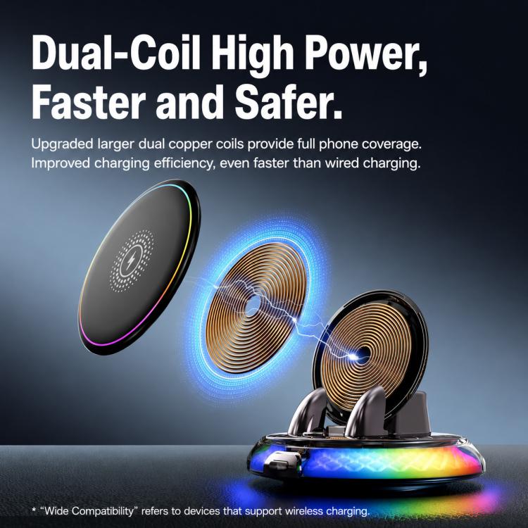 Wireless charging phone holder with glowing dual-coil charging disc and rotating base