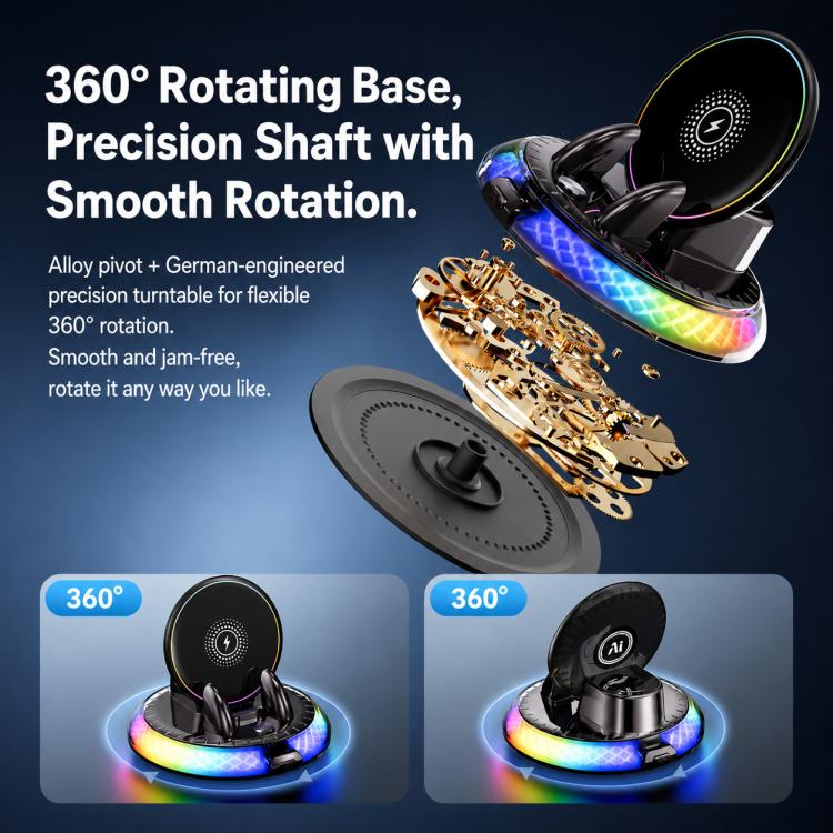 Black 360° rotating base wireless charging phone holder with dual side clamps