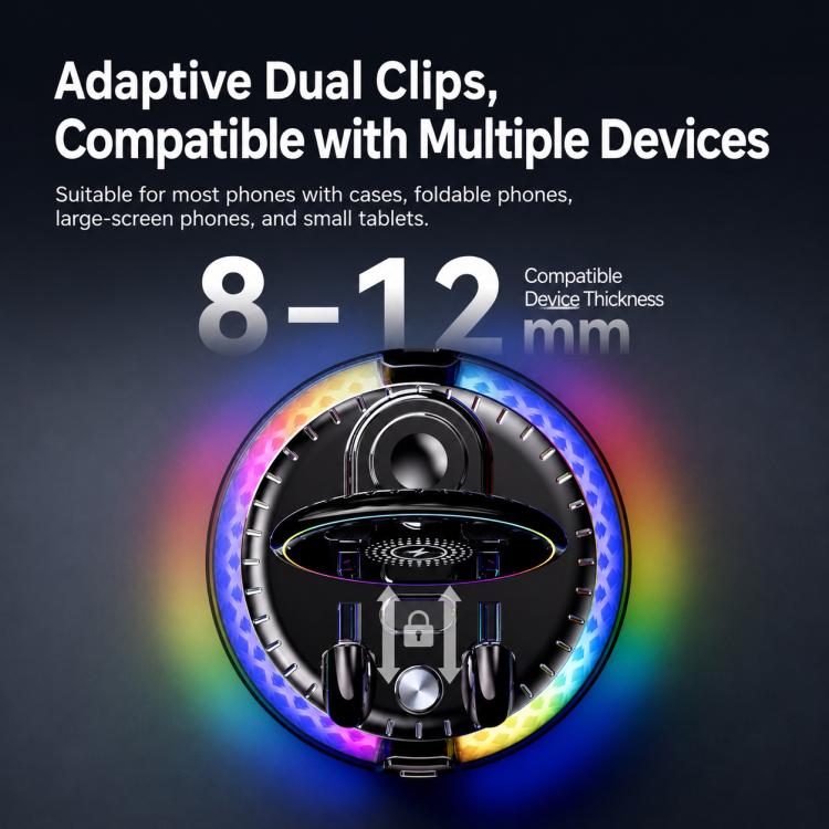 Rotating car wireless charging phone holder with black clips and RGB light ring