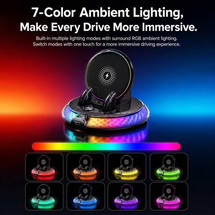 Self-adhesive car phone holder with rotating base and 7-color LED ambient lighting