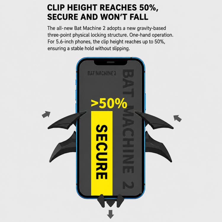 Gravity phone clip mount with bat-style wings, black body and yellow emblem