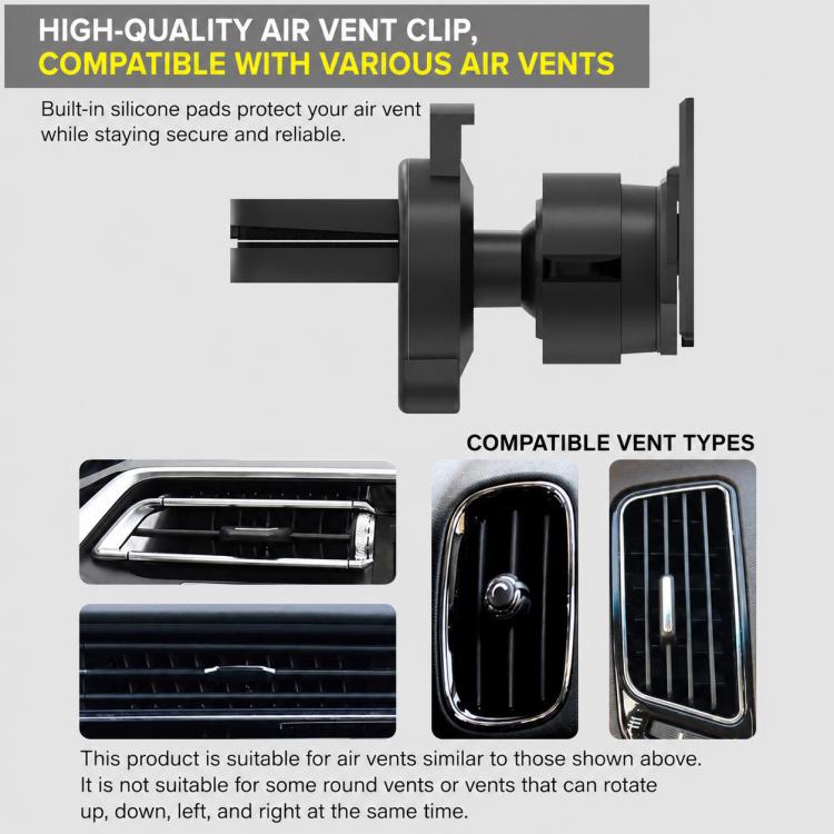 Bat-style air vent clip mount with silicone pads, black, compatible with various vents