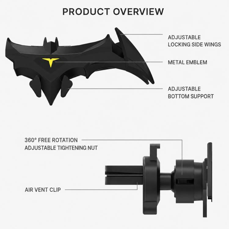 Bat-style phone mount with adjustable locking side wings, metal emblem, bottom support
