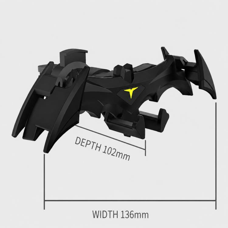 Bat-style phone mount dimensions: 136mm wide, 102mm deep; black with yellow emblem