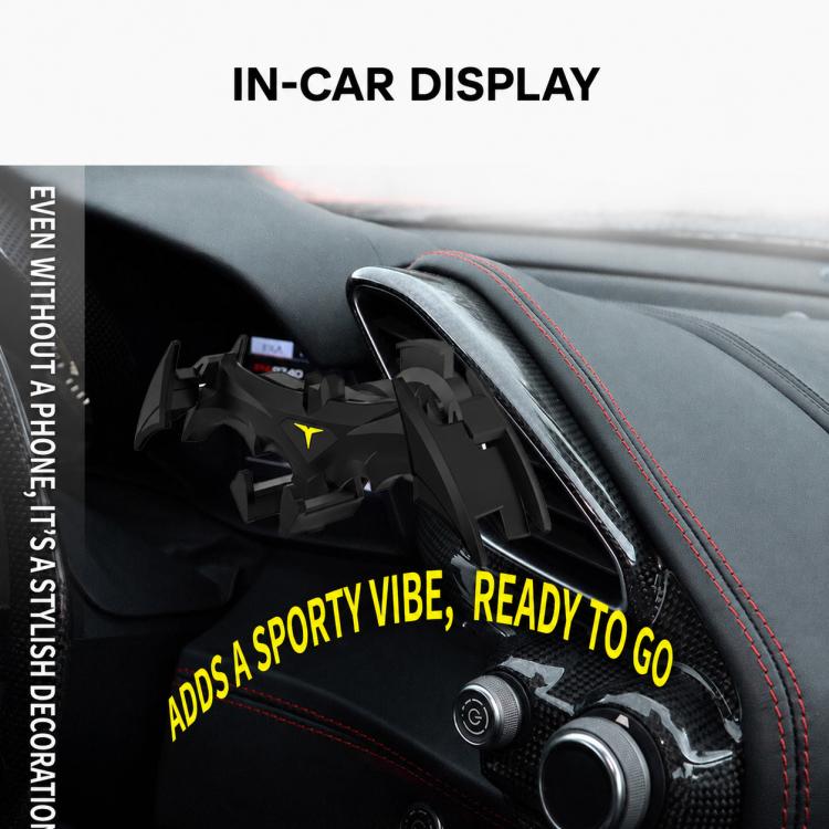 Car air vent phone mount with phone secured in black bat-style holder, yellow emblem