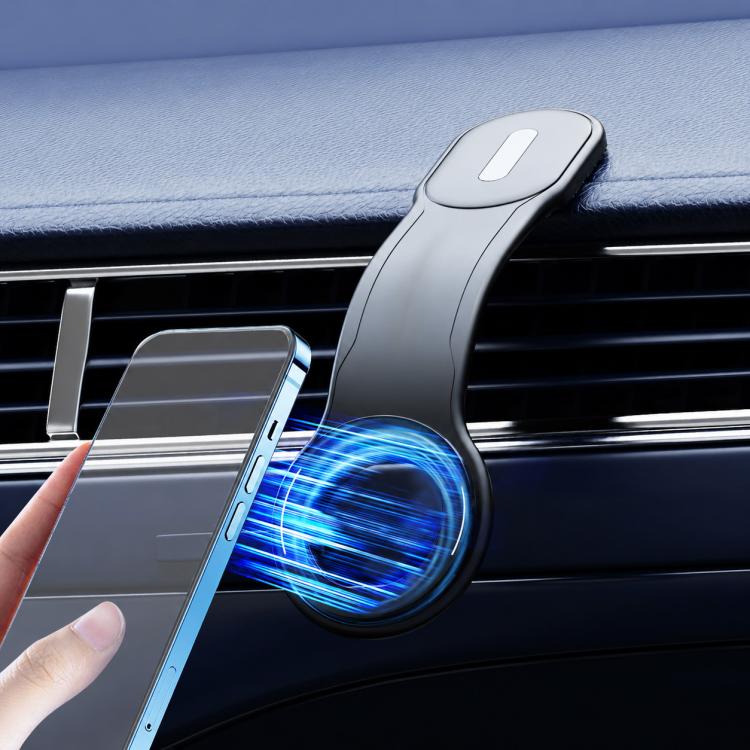 Bendable magnetic car phone mount clipped to air vent, holding a phone with blue magnet glow
