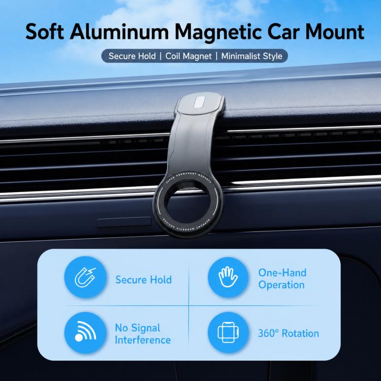 Soft aluminum magnetic car phone mount clipped to dashboard air vent with circular ring holder