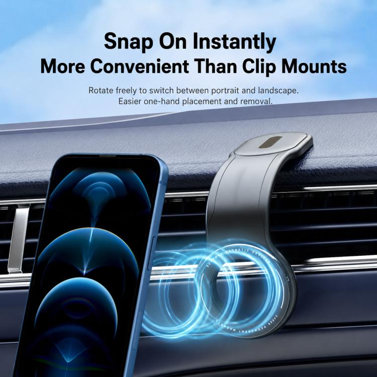 Magnetic car phone mount holding a phone beside an air vent with glowing magnet ring